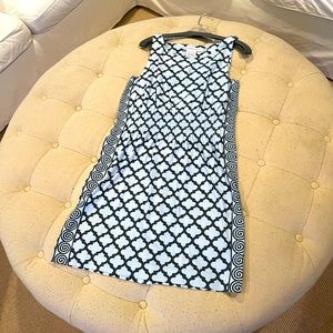 Gretchen Scott pale blue sleeveless dress with navy patterned